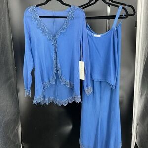 Blueberry SILK PLISSE, Lace Trim Cardigan and Camisole & skirt Set.